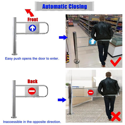 Heavy Duty Self Closing Safety Gate With Post Mount, Smooth Auto Swing Door For Retail And Commercial Spaces, Built Damn Tough Spring Barrier For Dead Reliable One Way Access, Zero Drama Setup, Silver Finish showing front and back access instructions.