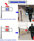 Self Closing Security Gate With Post Mount One Way Swing Barrier For Retail And Job Sites Automatic closing features shown.