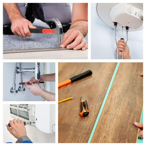 Collage of 102 Piece Home Basic Tool Kit For DIYers Essential Household Tool Set in use for various repairs and home improvement tasks