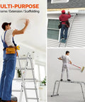 Twelve And A Half Foot Folding Aluminum Ladder Multi Purpose Seven In One Heavy Duty Ladder For Everyday Home Garage And Job Site Use With Scaffold Leaning Ladder Stepladder And Adjustable Configurations EN 131 Standard A-frame and scaffold use