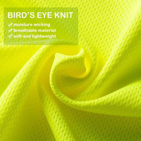 Close-up of bird's eye knit fabric in fluorescent yellow from Six Pack High Visibility Long Sleeve Safety T Shirts For Men With Reflective Strips And Chest Pocket Fluorescent Yellow Hi Vis Workwear XL For Nighttime Visibility.