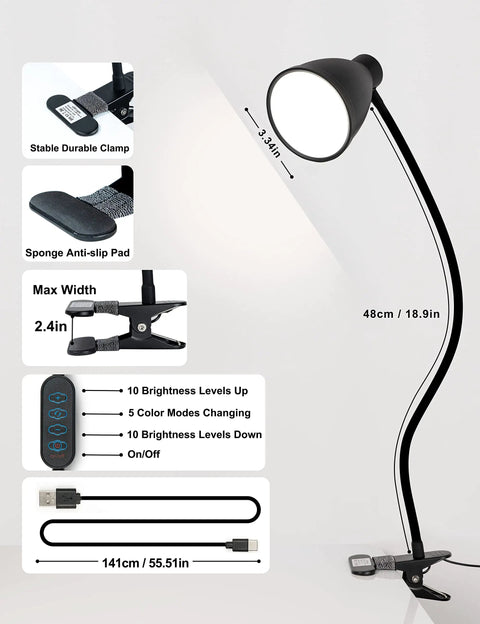Clamp Lamp With 3 Color Modes And 10 Brightness Levels, Auto Off Timer, 10W 38 LED Clip On Reading Light with gooseneck