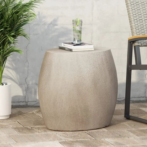 Lightweight Concrete Outdoor Side Table With Smooth Oval Design Modern Patio Accent In Light Gray Durable Backyard Coffee Table For Small Spaces Easy To Move Weather Resistant