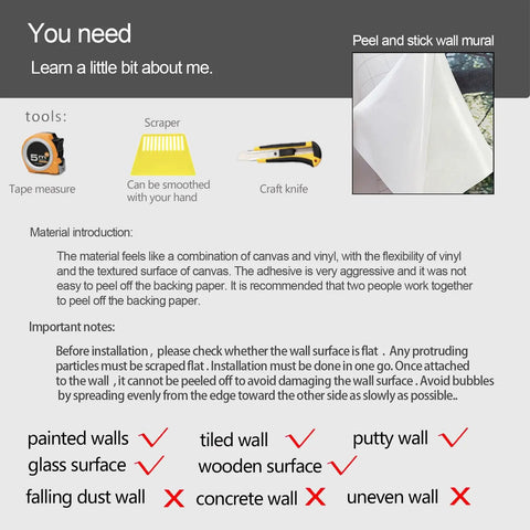 Instruction guide for installing a peel and stick wall mural with tools and material information.