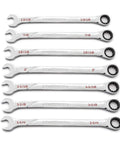 4 Piece 120XP Universal Spline XL Ratcheting Wrench Set SAE spread out in a row showing different sizes and black ratcheting ends.