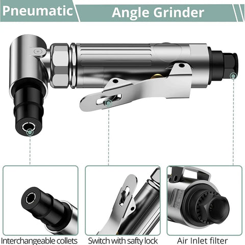 Heavy Duty Air Die Grinder With Rock Solid Metal Housing And Precision Ball Bearings Powers Through Any Task At A Blazing 20000 Rpm showing interchangeable collets and safety lock.