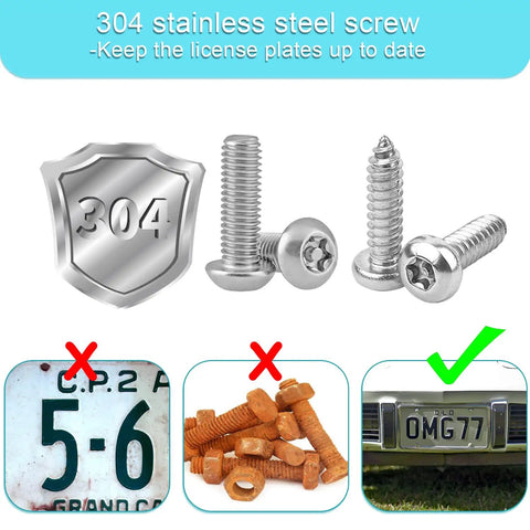 Anti Theft License Plate Screw Kit With Tamper Proof Bolts That Beat Theft And Chrome Caps In 304 Stainless Steel