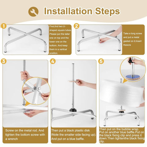 Installation steps for Rock Solid Heavy Duty Bubble Wrap Roll Dispenser showing assembly with metal frame and components.