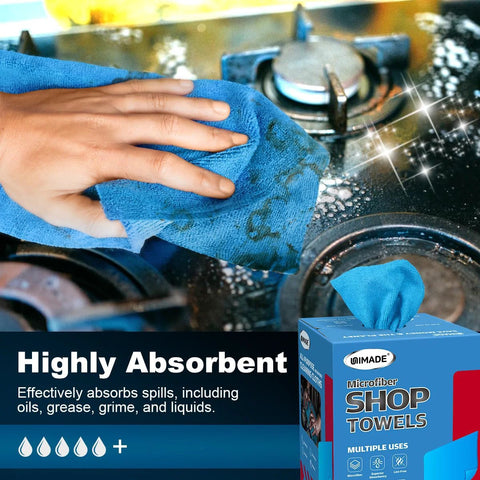 UNIMADE blue microfiber shop towels, 11x9 in, box visible