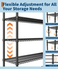 Metal 4 Tier Shelving Unit For Garage And Home Storage with adjustable wire shelves for easy height customization.