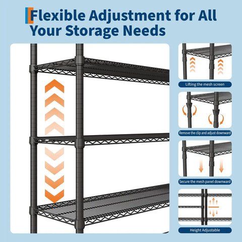 Metal 4 Tier Shelving Unit For Garage And Home Storage with adjustable wire shelves for easy height customization.