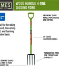 Wood handle 4-tine digging fork with ergonomic grip, part of Three-Piece Small Spaces Gardening Kit With Border Spade, Digging Fork, And Round Point Shovel For Tight Spots And Easy Digging In Narrow Garden Spots.