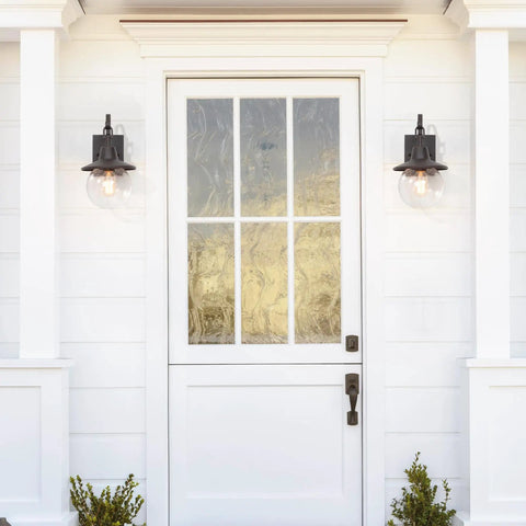 Two Pack Farmhouse Porch Lights Outdoor Wall Sconces Set With Globular Seeded Glass In Rustic Bronze Exterior Wall Mount Lanterns on white porch