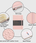 Ten Pack A5 Lined Notebooks With Durable Hardcover, 160 Pages Each, 100gsm, pastel color details with pen loop and elastic band.