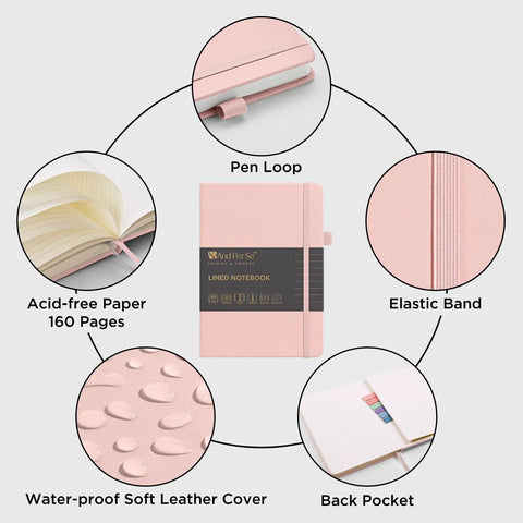 Ten Pack A5 Lined Notebooks With Durable Hardcover, 160 Pages Each, 100gsm, pastel color details with pen loop and elastic band.