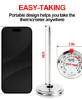 Instant Read Meat Thermometer With 2 Inch Dial Stainless Steel Kitchen Thermometer beside smartphone for size comparison