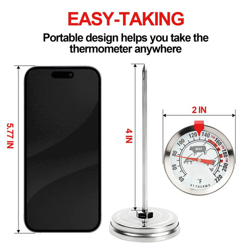 Instant Read Meat Thermometer With 2 Inch Dial Stainless Steel Kitchen Thermometer beside smartphone for size comparison