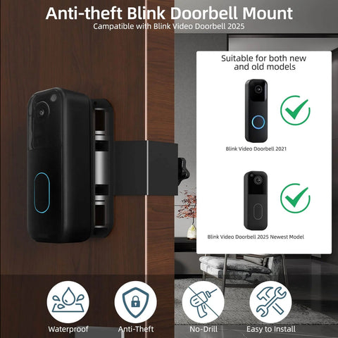 Anti Theft Doorbell Mount 2Nd Gen Adjustable 45 To 135 Degrees No Drilling Camera Mount Bracket For All Gen Video Doorbells Fits Apartment Rental Office Black, installed on door, compatible with Blink doorbells.