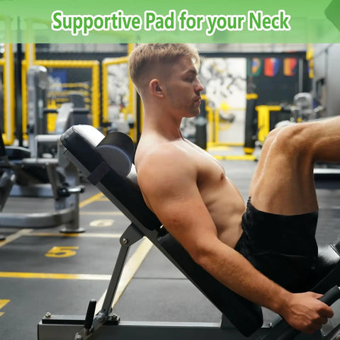 Man using bench press pad for upper back and neck support during gym workout on incline bench, protecting neck and waist.
