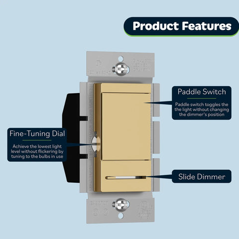 Dimmer Switch With Light Adjust Slider For Single Pole Or 3 Way Install 150W LED 600W Incandescent Gold