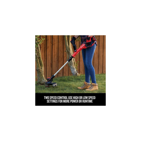 Person using V20 Cordless Weed Wacker And Leaf Blower Combo Kit With 2 Ah Battery And Charger, 13 Inch Trimmer Edger, outdoor lawn care.