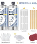Heavy Duty 2 Part Epoxy Metal Repair Glue For Bonding Cracks And Leaks On Stainless Steel Ceramics Plastic And Alloys Heat Resistant Super Strong Metal Filler That Dries Silver 3.5oz with accessories such as push rod, stirrers, gloves, cups, and sandpaper.