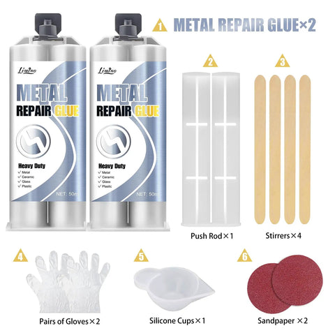 Heavy Duty 2 Part Epoxy Metal Repair Glue For Bonding Cracks And Leaks On Stainless Steel Ceramics Plastic And Alloys Heat Resistant Super Strong Metal Filler That Dries Silver 3.5oz with accessories such as push rod, stirrers, gloves, cups, and sandpaper.