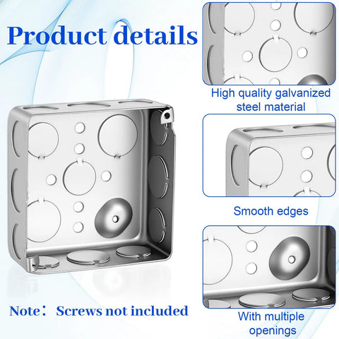 12 Pack 4 Inch Square Electrical Boxes Kit for Plug and Play Wiring Projects, 1-1/2 Inch Deep, Silver Galvanized Steel, 21 Cu In Capacity, Grounding Wire Ready, Includes 36 Screws for Quick No Fuss Organized Junctions. Galvanized steel square electrical box with multiple openings