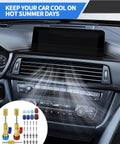 R134A Valve Core Removal And Installation Tool Kit shown with car AC vent, includes red and blue quick connectors, valve stems, and tools.