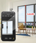 Pro Grade Laser Measure With App Connectivity measuring window height, 229ft range, shown on phone screen in a living room scene.