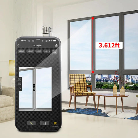 Pro Grade Laser Measure With App Connectivity measuring window height, 229ft range, shown on phone screen in a living room scene.