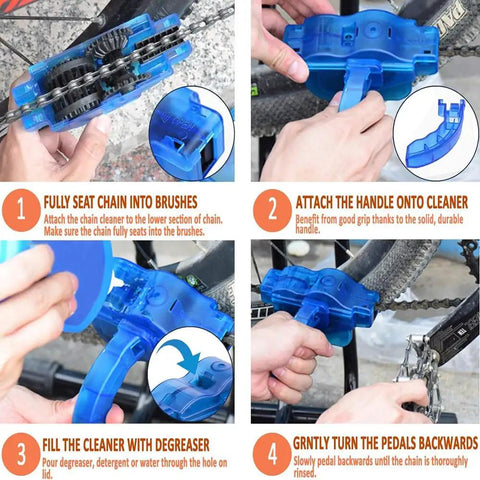 Bike Chain Cleaner Kit 4 Piece Set For Quick Clean And Deep Scrub Gear Brush Included Built Tough For Mountain Bikes And All Bicycle Chains Perfect Maintenance Tool For Weekend Riders in use, step-by-step instructions visible.