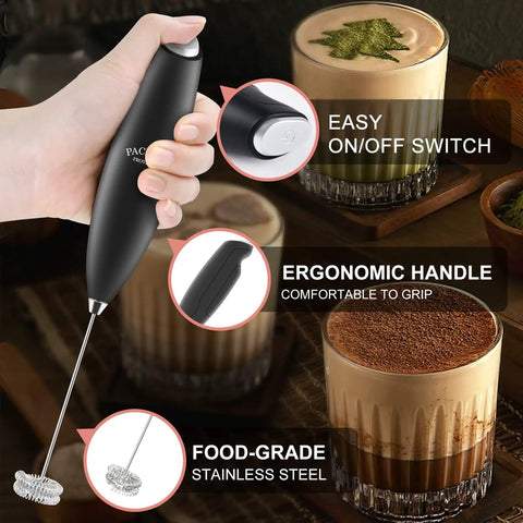 Powerful Milk Frother With Double Whisk Handheld Electric Foam Maker showcasing ergonomic handle and stainless steel whisk.