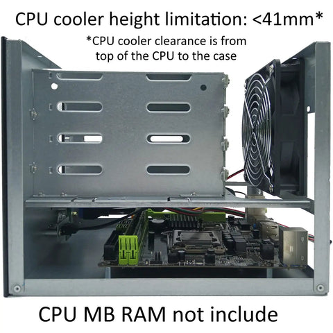 Interior view of Dope DIY NAS Case With Four Bay And Two Internal Bays For Mini ITX Build showcasing motherboard slot and fan.