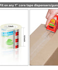 Clear Noiseless Packing Tape With Ergonomic Dispenser sealing a box, showing 1.96 inch width, fits 1 inch core, 3 pack.