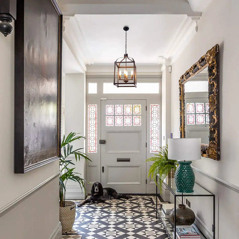 Industrial Pendant Light With Classic Black Metal Cage For Farmhouse And Modern Homes in white hallway with patterned floor