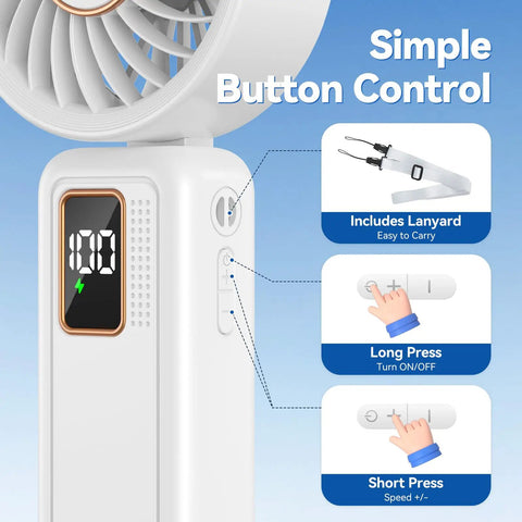 Close-up of 3 In 1 Portable Personal Fan With 5 Speed Settings And 6000mAh USB Rechargeable Battery showing button controls and LED display.