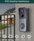 Wireless Video Doorbell Cam With Chime, 1080P HD Night Vision displayed in rain, emphasizing IP65 waterproof capability