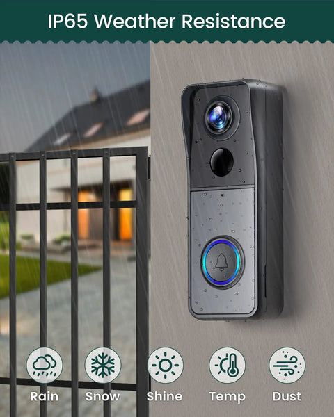 Wireless Video Doorbell Cam With Chime, 1080P HD Night Vision displayed in rain, emphasizing IP65 waterproof capability