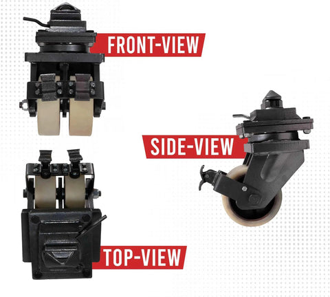 Four Pack 8 Inch ISO Shipping Container Double Caster Wheels With Brakes For Heavy Duty Moves, front, side, top views