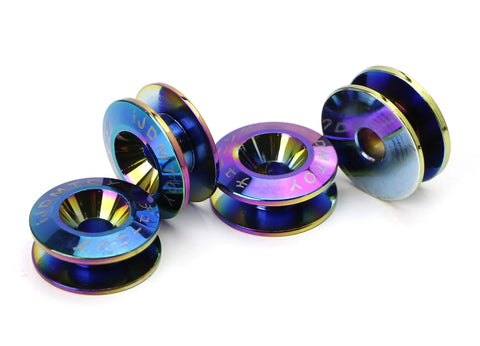 Universal Quick Release Fastener Kit With Neo Chrome Finish for bumpers, trunks, fenders, and hatches, anodized aluminum hardware.