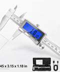 6 Inch Rechargeable Digital Caliper with Backlit LCD USB C Charging Stainless Steel Measuring Tool 0 to 150 mm Inch Millimeter Switch in use with measurement display.