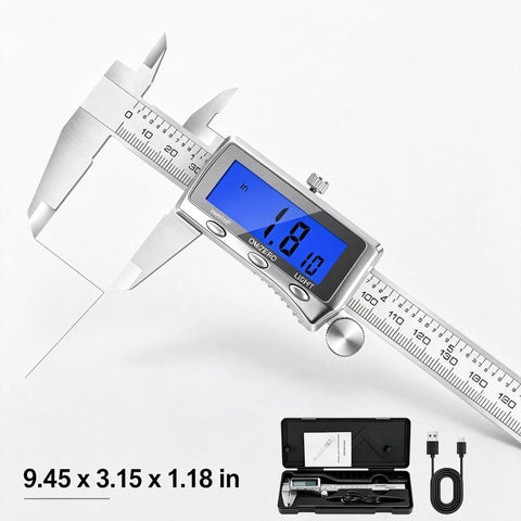 6 Inch Rechargeable Digital Caliper with Backlit LCD USB C Charging Stainless Steel Measuring Tool 0 to 150 mm Inch Millimeter Switch in use with measurement display.