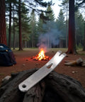 Ultra Portable Mini Stainless Steel Pocket Pry Bar EDC Tool For Bushcraft And Survival in forest setting with campfire
