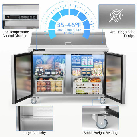 Heavy Duty Commercial Sandwich And Salad Prep Refrigerator With 48 Inch Double Doors Stainless Steel Worktop And 12 Pan Trays showing temperature display and large capacity.