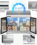 No Sweat Cooling Commercial Sandwich Prep Fridge Double Door Setup With Built Tough Stainless Steel Top And 12 Pan Station 12 Point Eight Five Cubic Feet Capacity Kitchen Real Deal with LED display and interior food display.