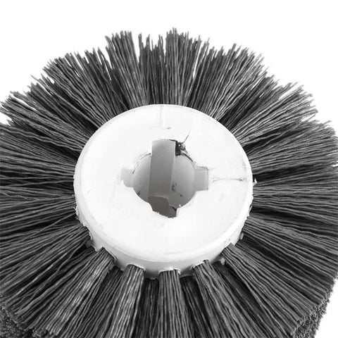 Heavy Duty 4.72 Inch Mingzhe 320# Abrasive Wire Polishing Wheel For Wood Burnishing Draw Machines High Density Aluminum Oxide Fine Polish Grit close-up view showing bristles and center hole.