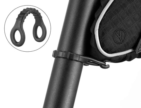 Close-up of strap on Under-Seat Bike Seat Bag, 3D Shell Saddle Pack with Waterproof Zipper, showing durable attachment to bike seat post.
