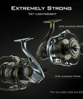 Badass Offshore Beast Saltwater Spinning Fishing Reel 6000 Size Gold construction with CNC aluminum rotor and frame.