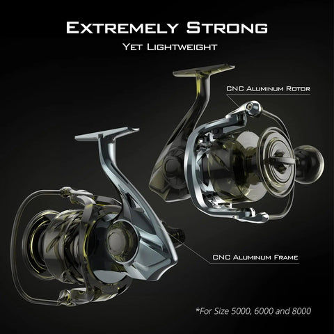 Badass Offshore Beast Saltwater Spinning Fishing Reel 6000 Size Gold construction with CNC aluminum rotor and frame.
